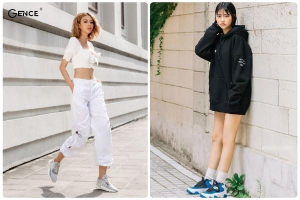 Chân váy maxi và áo croptop phối cùng sneaker hồng tạo nên phong cách năng động
