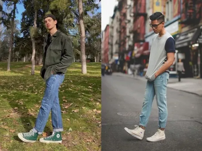 Giày converse cổ cao phối với áo sơ mi và quần short