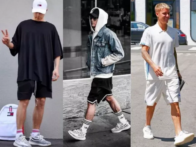 Giày Yeezy 350 phối cùng áo sơ mi trắng tối giản và quần đen