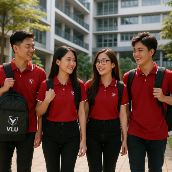 Một chiếc balo chống gù lưng đang được đeo đúng cách bởi một bé trai, minh họa cho việc điều chỉnh dây đeo ngực và hông chính xác, khuôn viên trường học, ánh nắng buổi sáng.